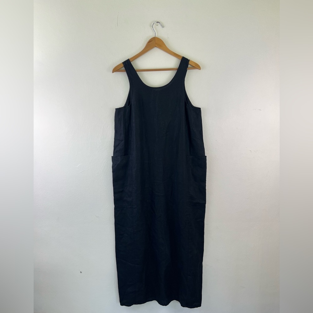 100% Linen Black Maxi Length Lagenlook Sleeveless Dress With Front Pockets/Slit - Picture 5 of 5